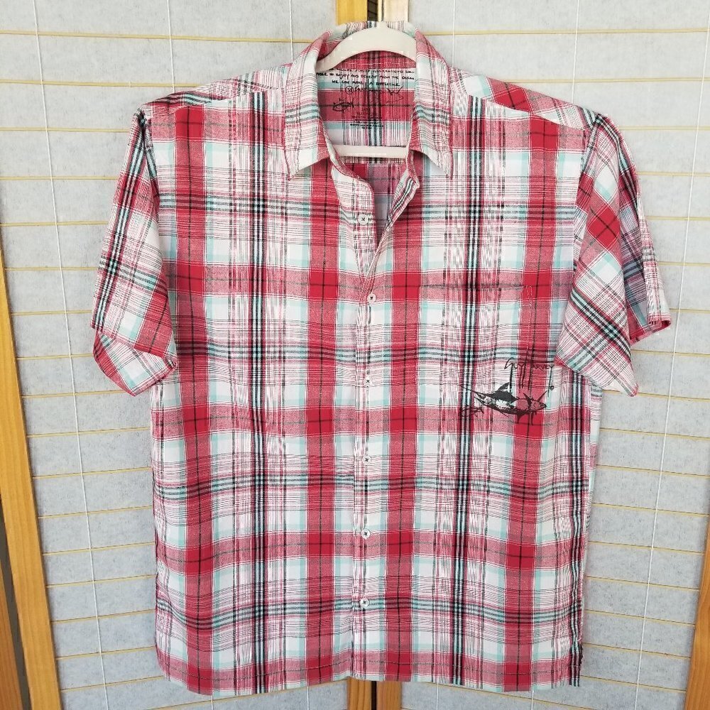 Men's Guy Harvey Plaid Shirt Size Medium Beach Bar Marlin Short Sleeves